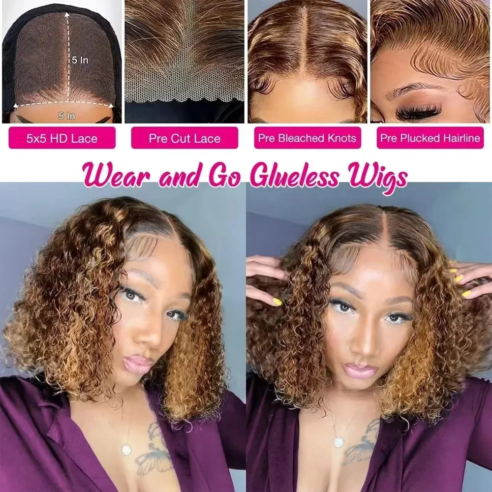 Curly Short Bob Wig Highlight 4/27 Honey Blonde 100% Human Hair 5x5 Glueless Closure Wig Deep Wave For Women Virgin Human Hair
