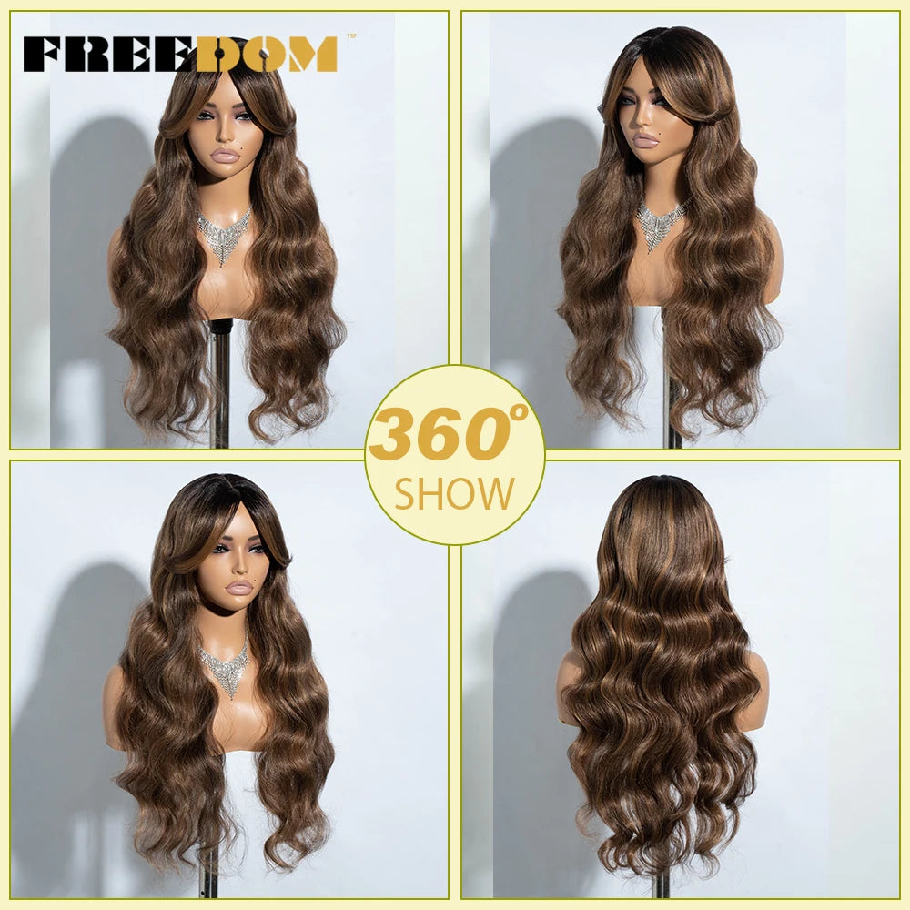 FREEDOM Synthetic Lace Wigs For Black Women 28inch Long Body Wave Middle Part Lace Wig With Bangs Ombre Blonde Brown Cosplay Wig