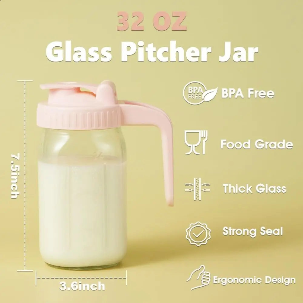 32oz Glass Cup Large Capacity Transparent Wide Mouth Mason Jar with Handle and Lid Leak-proof Glass Water Pitcher for Cold Brew